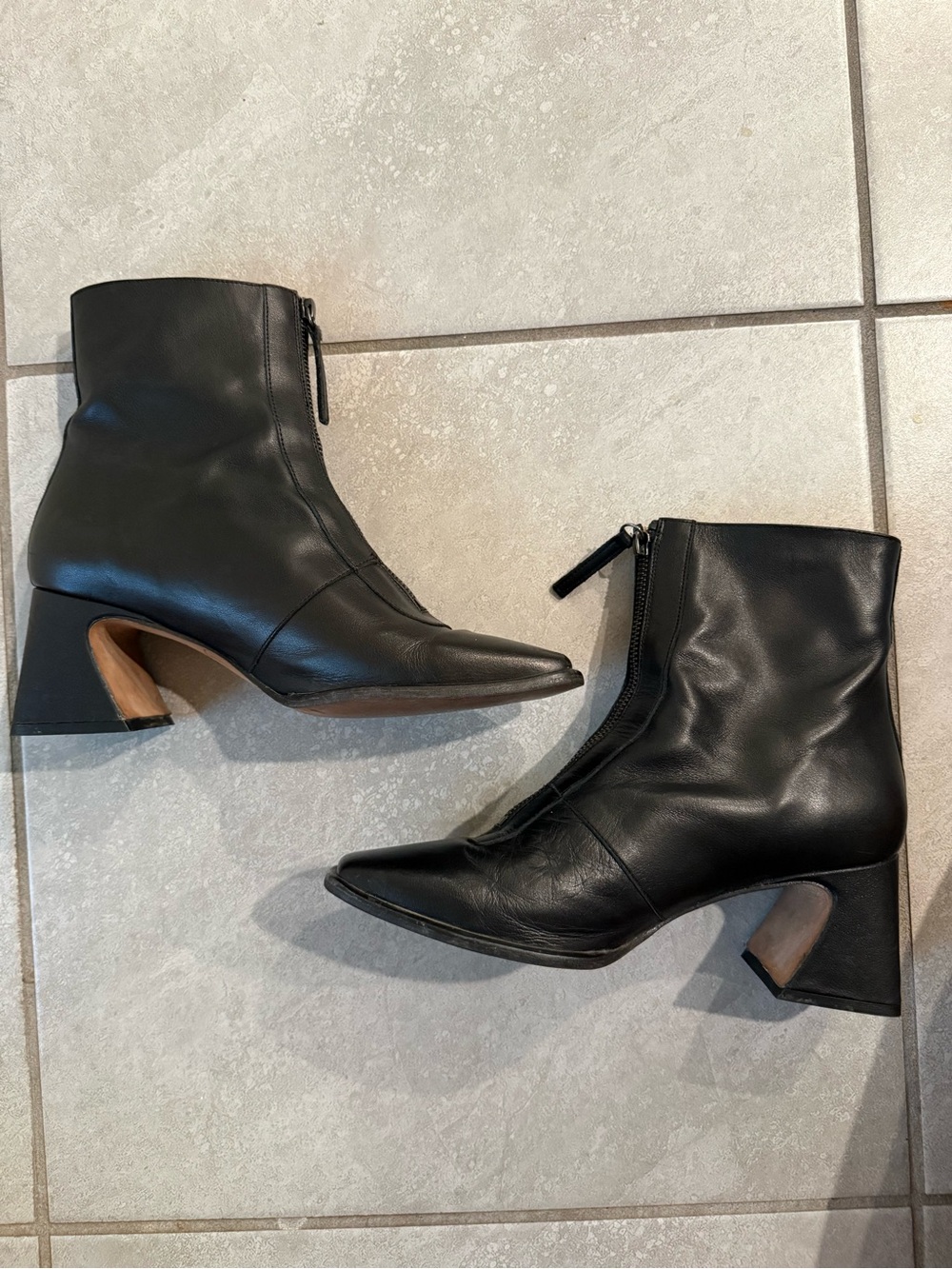 Black Front Zip Leather Ankle Boots - Picture 6 of 8